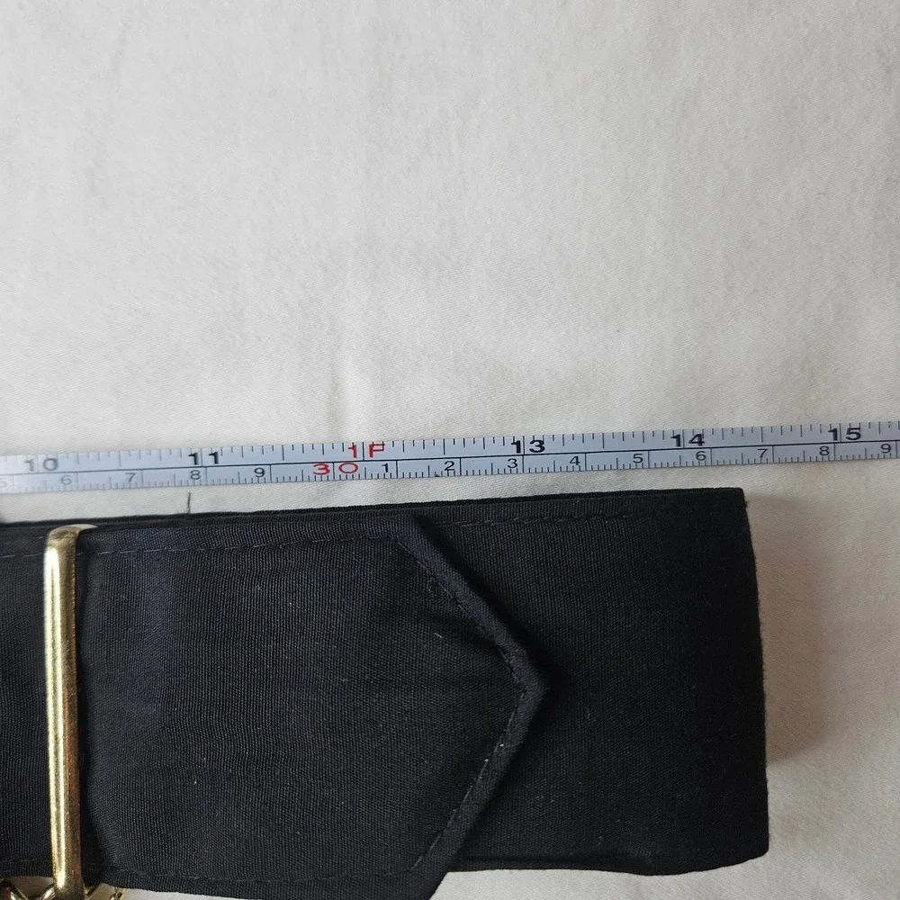 Vtg Black Cloth Wide Cinch Belt Gold Crescent Buckle Chain Detail Retro 30